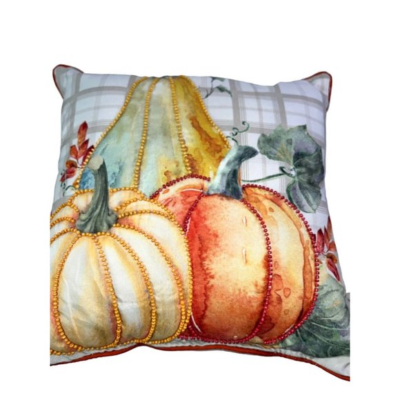 2 Throw Pillow Pumpkin Autumn Hill Thanksgiving Beaded Embroidered Fall Decor - Picture 3 of 10